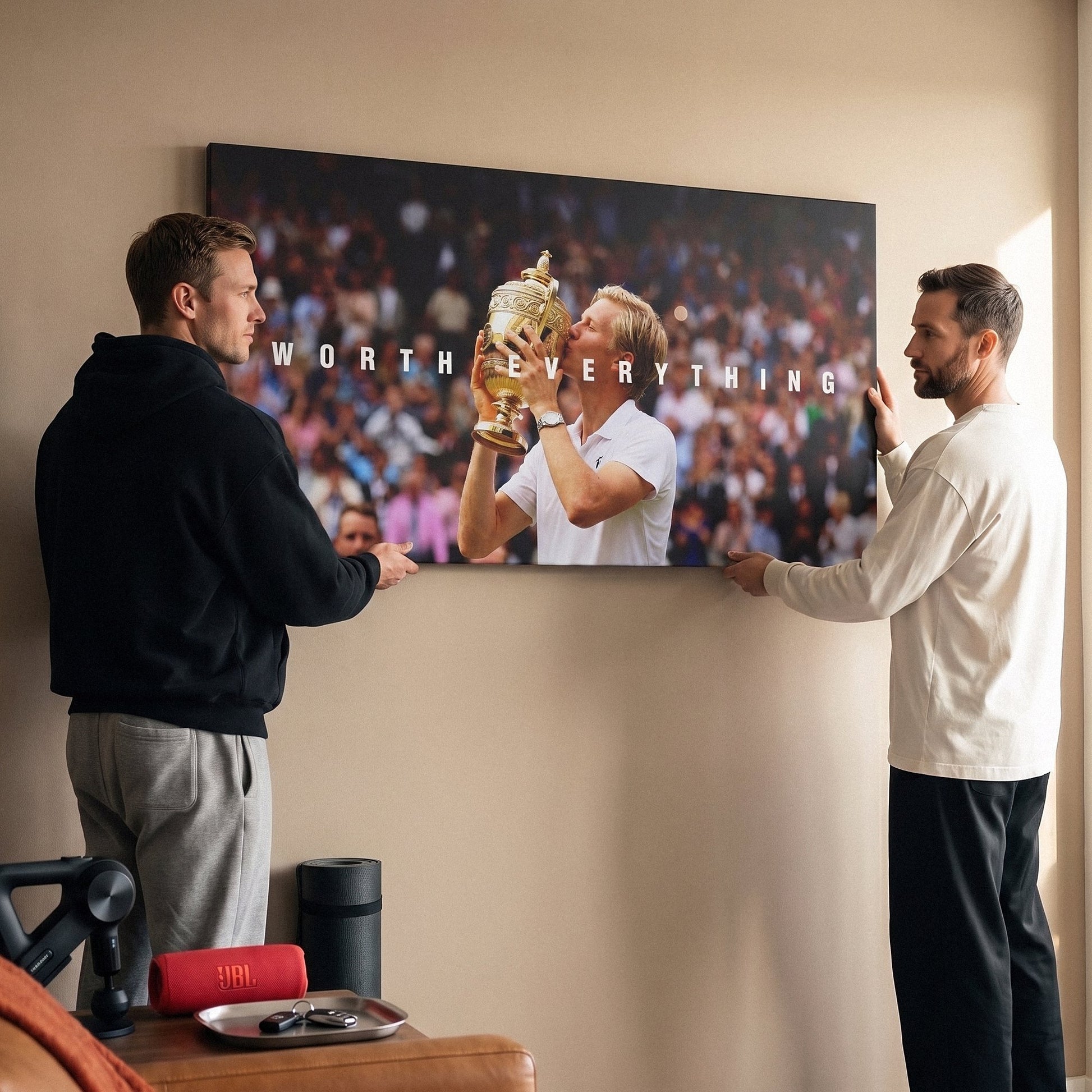 Two people viewing the Worth Everything Trophy tennis canvas print together in a home setting