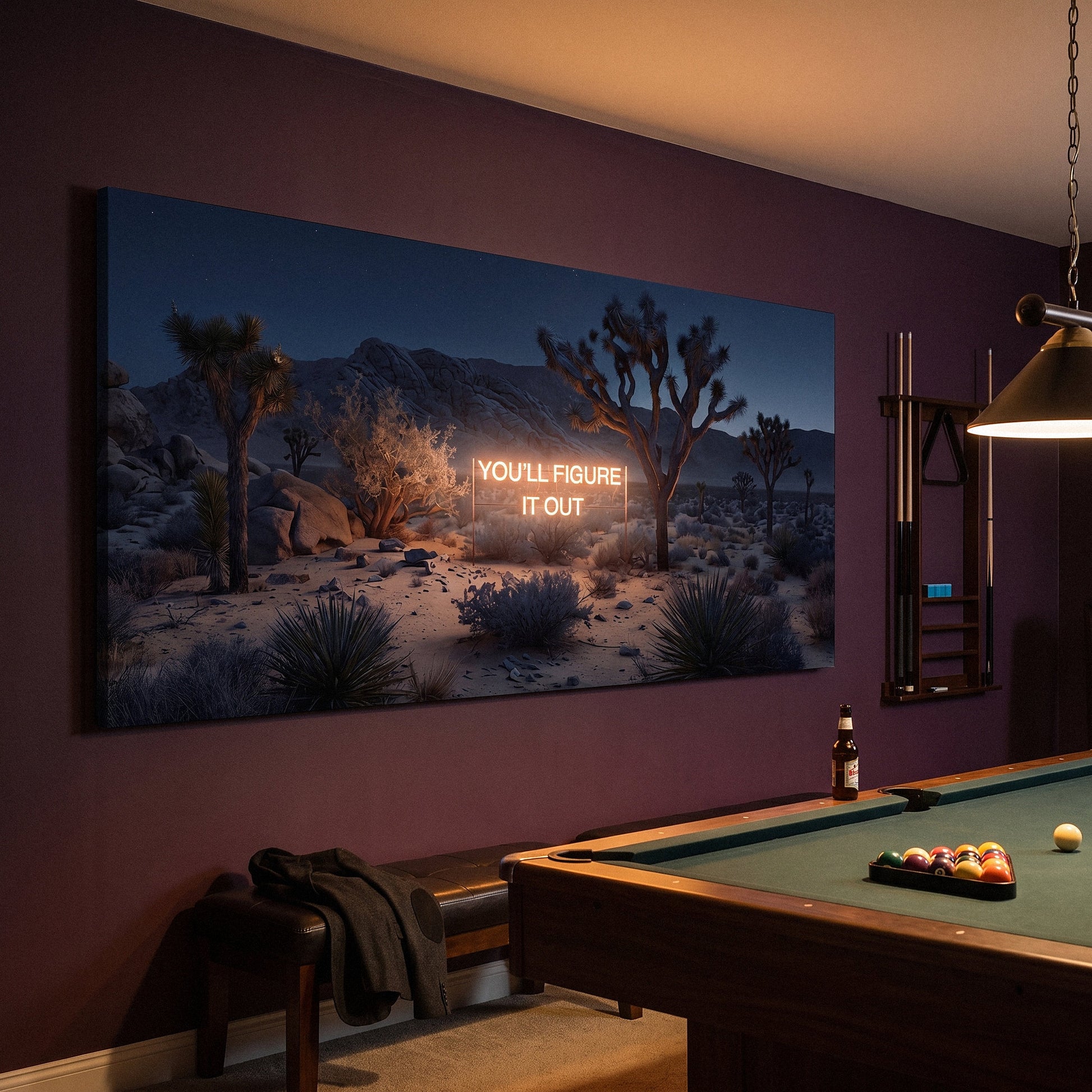You'll Figure It Out canvas above a pool table, angled view showing the gallery wrap edge