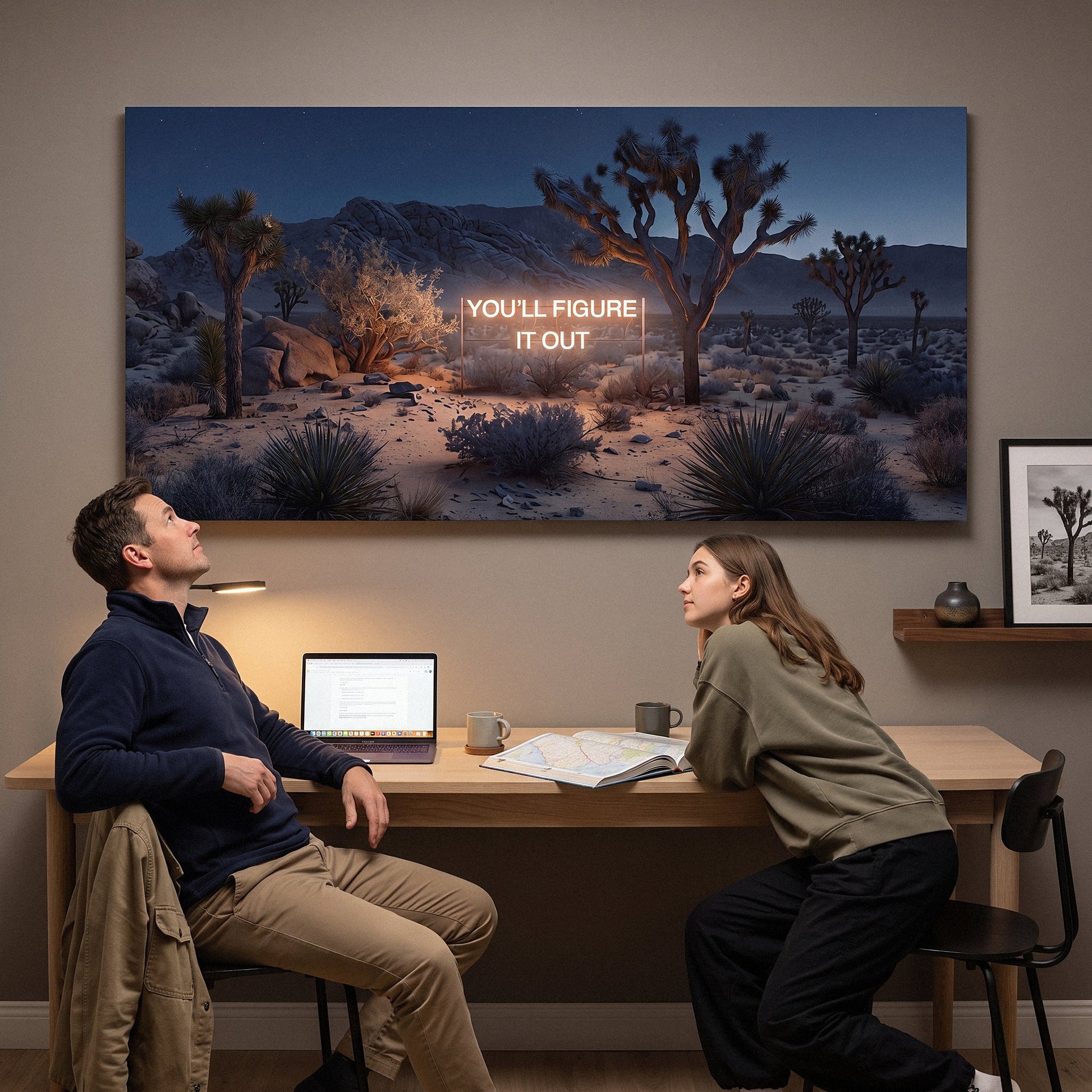 You'll Figure It Out wall art above a desk where two people sit looking up at it