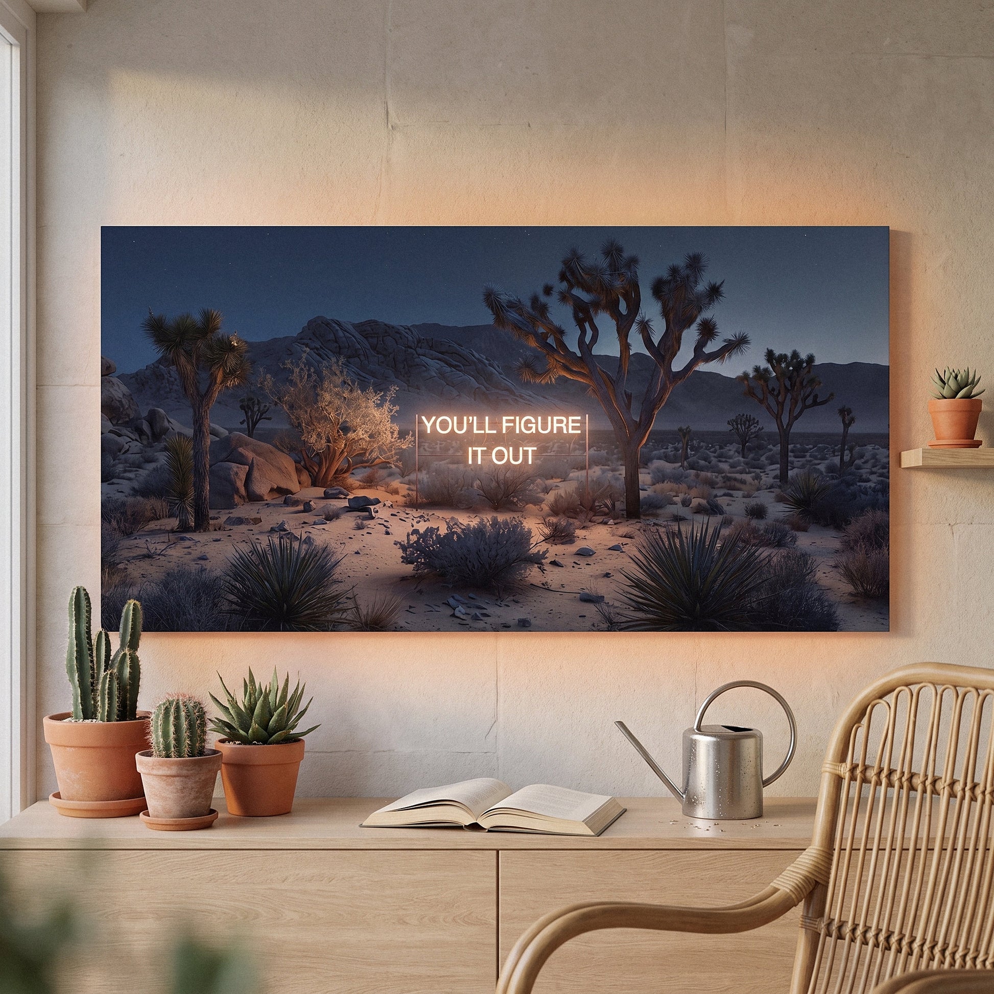 You'll Figure It Out wide wall art above a pale oak console in a sunroom with potted cacti