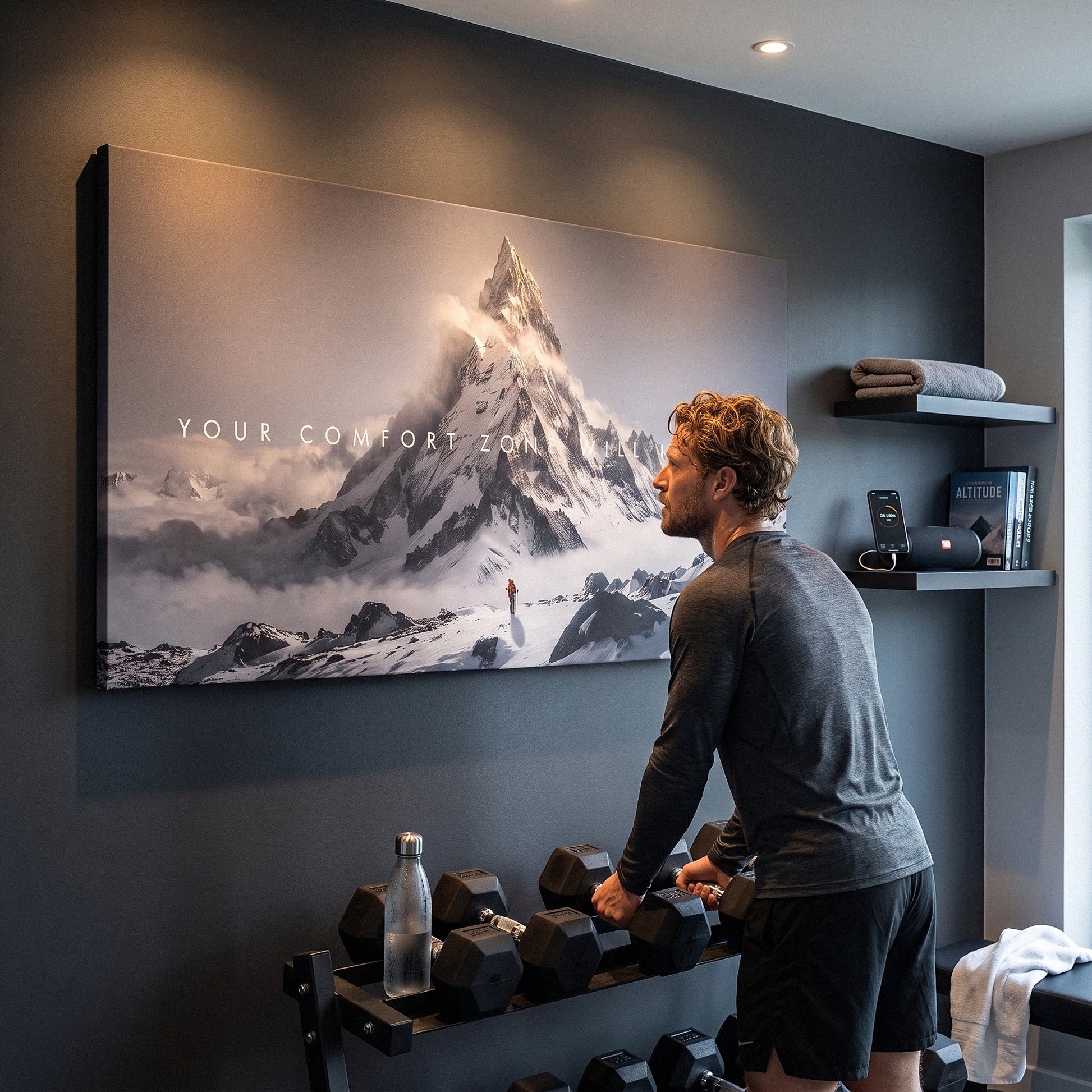 Man at a dumbbell rack looking up at the Your Comfort Zone Will Kill You canvas in a home gym