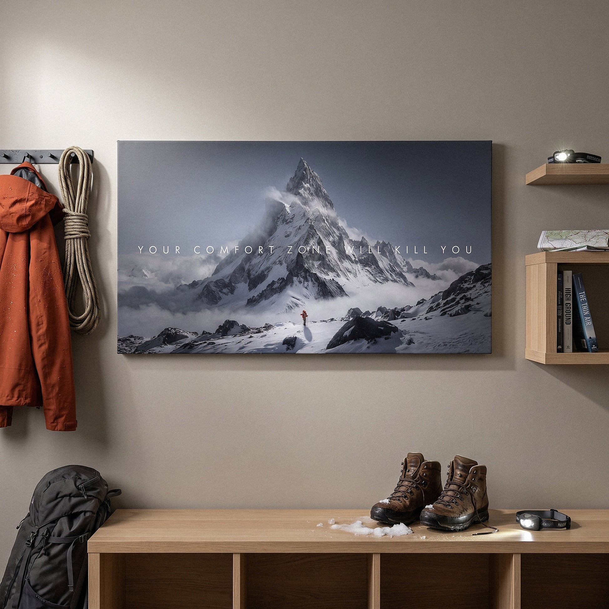 Your Comfort Zone Will Kill You wide wall art above an oak bench in a mudroom with hiking boots and a rope