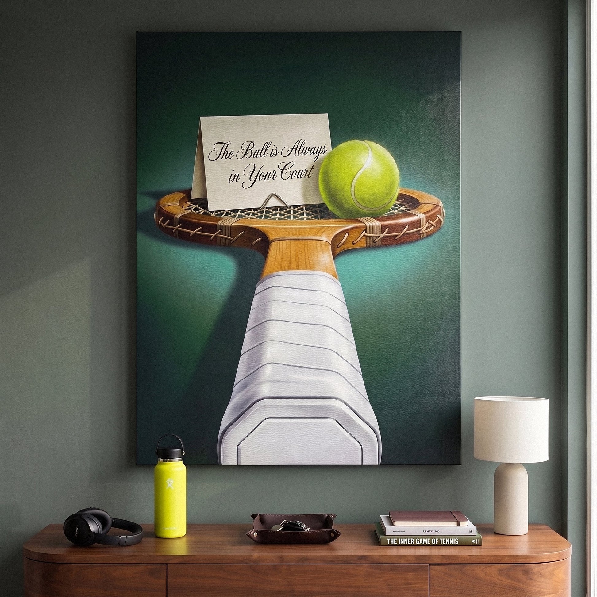 Your Court tennis wall art canvas hanging above a console table in a bright modern hallway