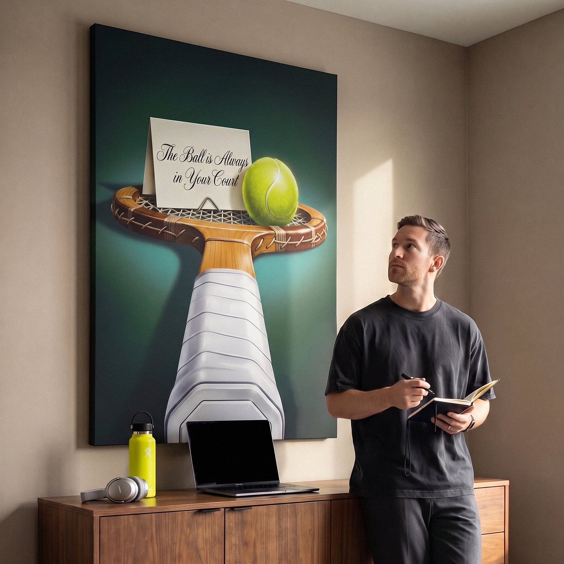 Person admiring the Your Court tennis canvas print in a styled interior