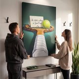 Two people viewing the Your Court tennis canvas print together in a home setting