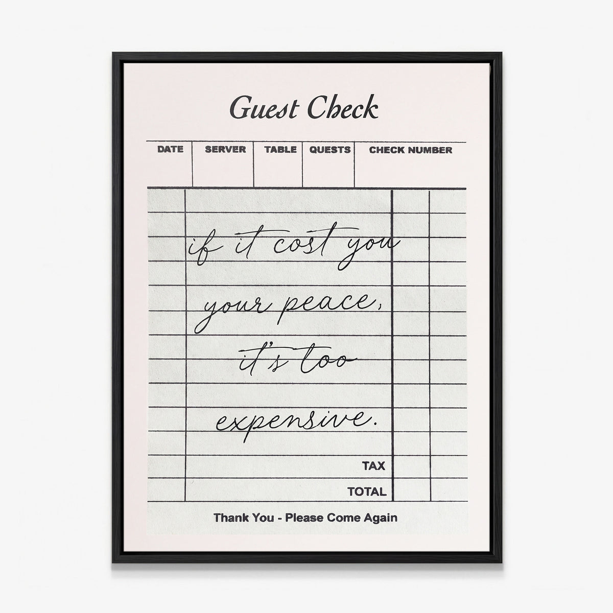 Your Peace Check canvas in a black floating frame