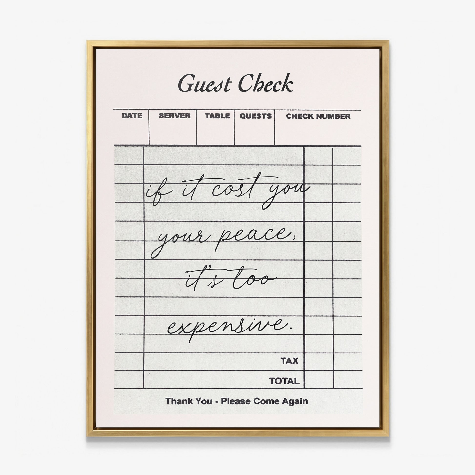 Your Peace Check canvas in a gold floating frame