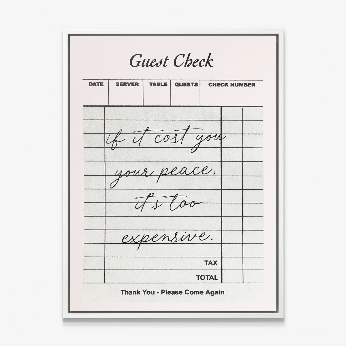 Your Peace Check canvas in a white floating frame