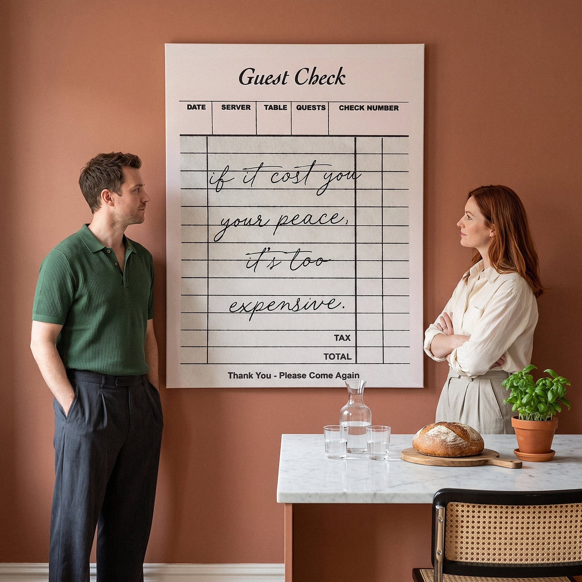 Your Peace Check wall art in a terracotta kitchen with two people looking at it