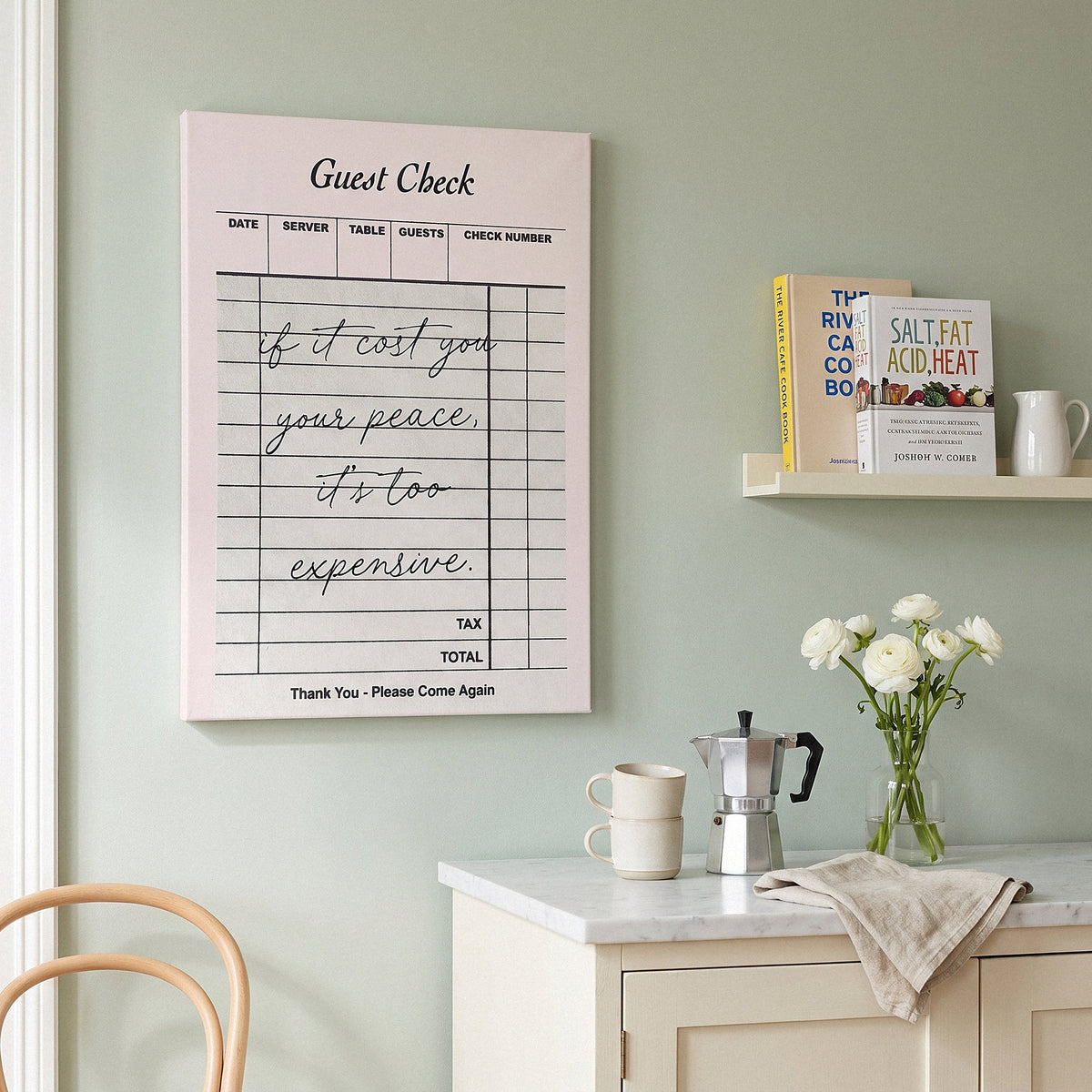 Your Peace Check quote wall art on a sage green kitchen wall above a marble topped sideboard
