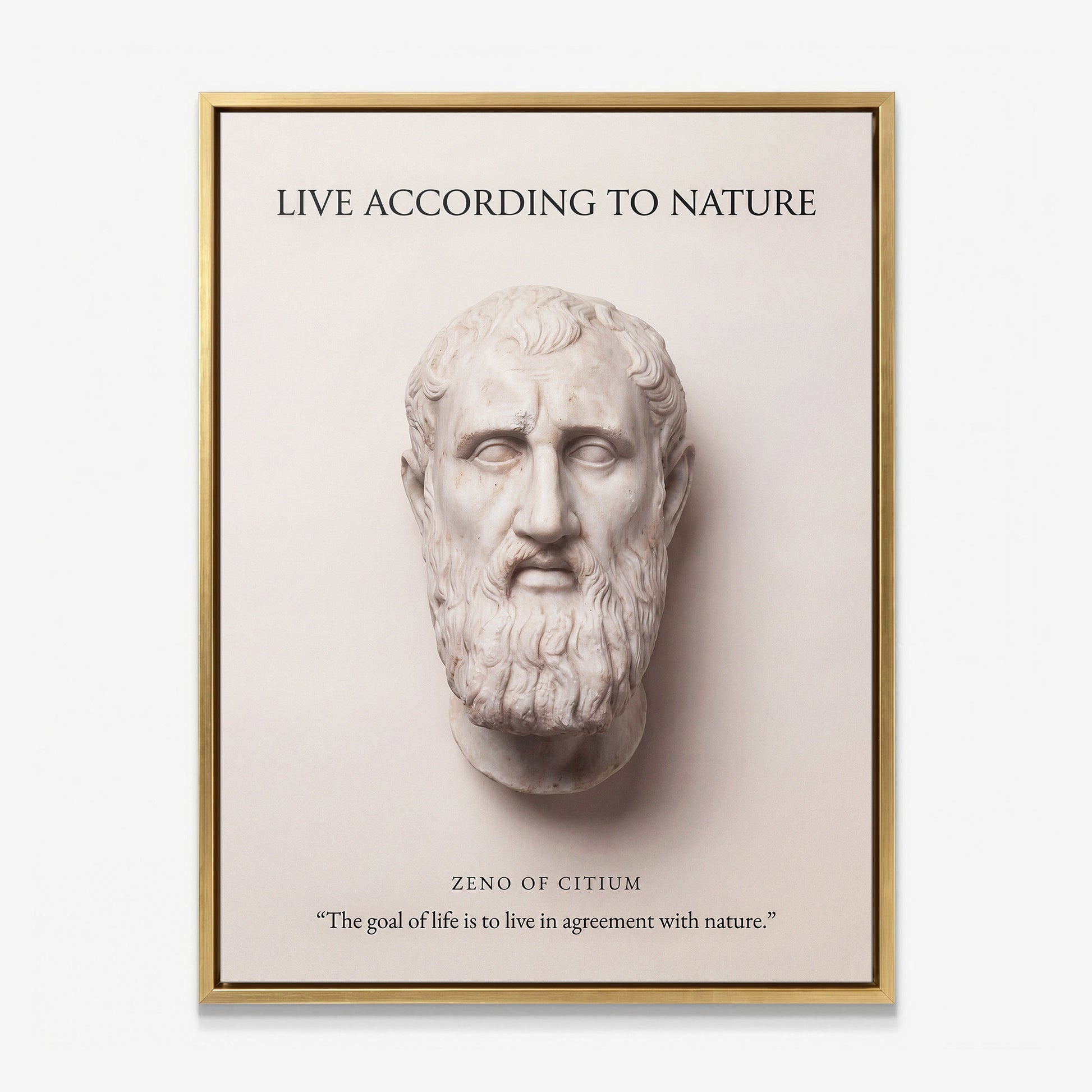 Zeno of Citium Live According to Nature Stoic canvas wall art in a gold floating frame