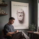 Man journaling below Zeno of Citium Live According to Nature Stoic canvas wall art at a desk