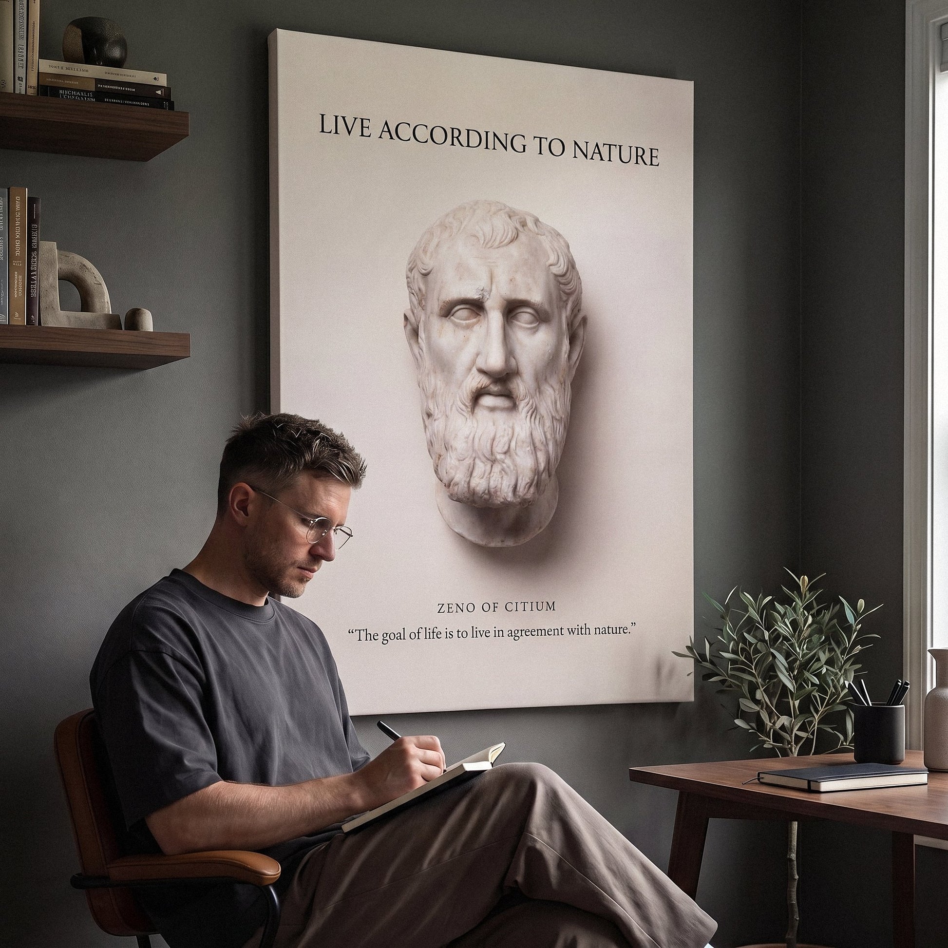 Man journaling below Zeno of Citium Live According to Nature Stoic canvas wall art at a desk
