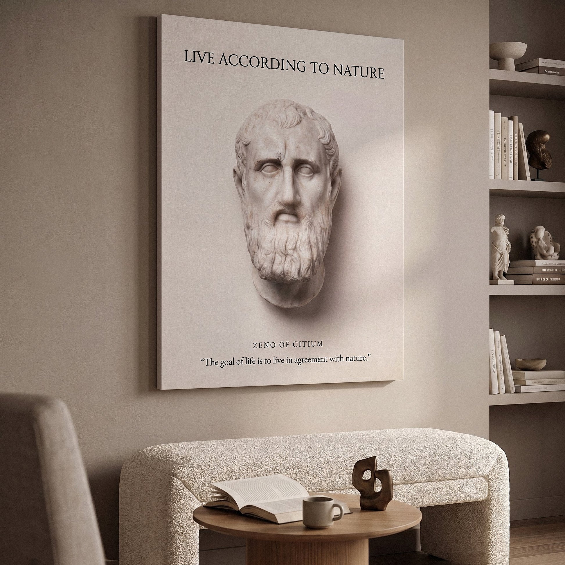 Zeno of Citium Live According to Nature Stoic canvas wall art in a living room