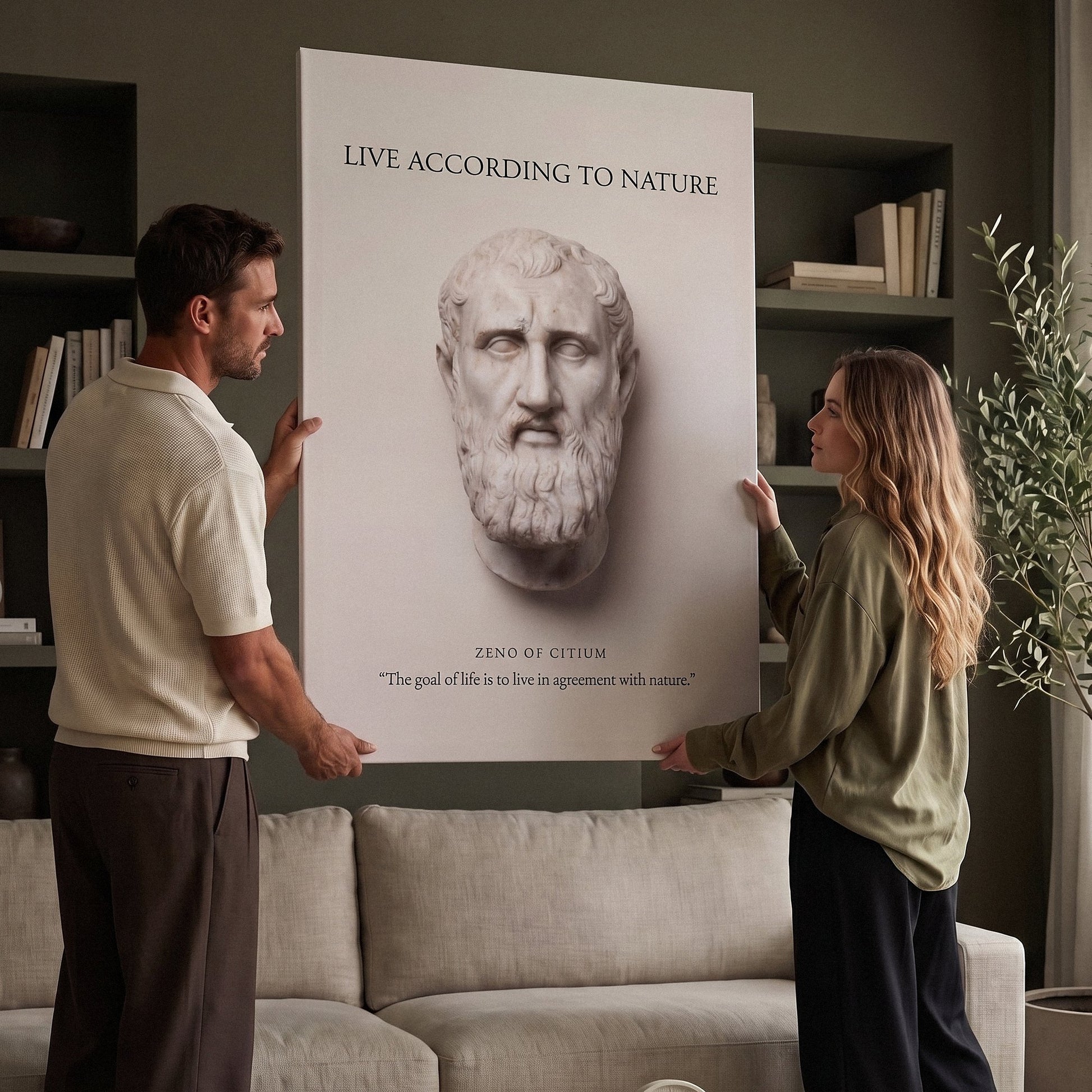 Couple hanging Zeno of Citium Live According to Nature Stoic canvas wall art in a lounge